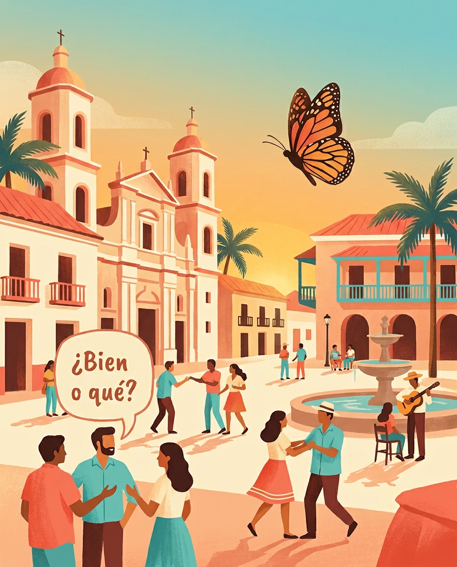 Illustration of a lively Colombian plaza, with people dancing, chatting, and a monarch butterfly overhead