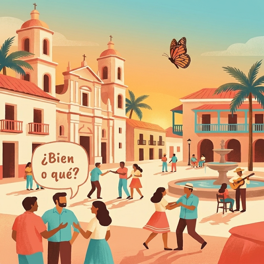 Illustration of a lively Colombian plaza, with people dancing, chatting, and a monarch butterfly overhead